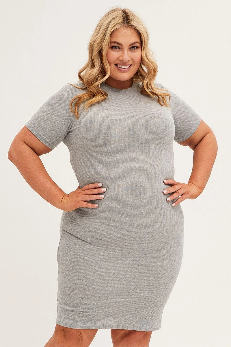 Classic Layering Grey Midi Dress Short Sleeve Rib Jersey Bodycon