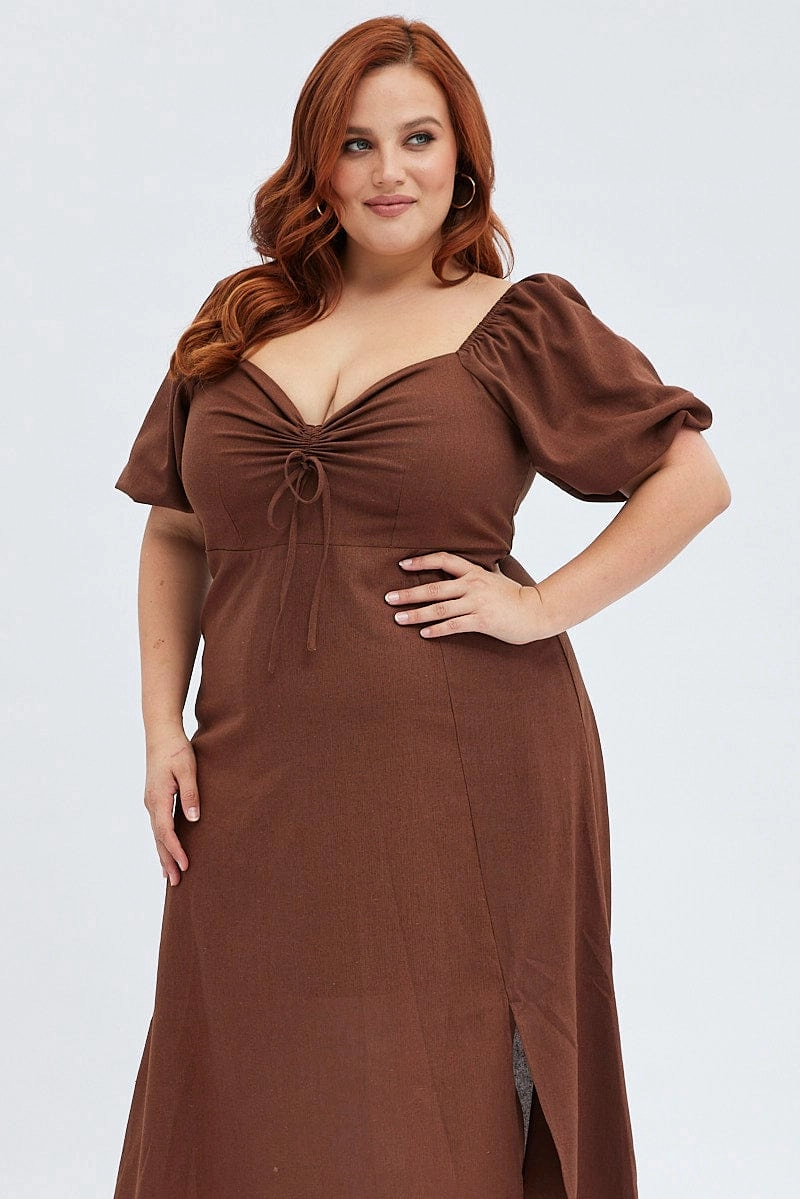 Rust Midi Dress Fitted Drawstring Front Puff Sleeve Light Layers BiasCutSilhouette