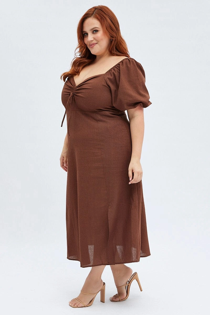 Rust Midi Dress Fitted Drawstring Front Puff Sleeve Warm Base