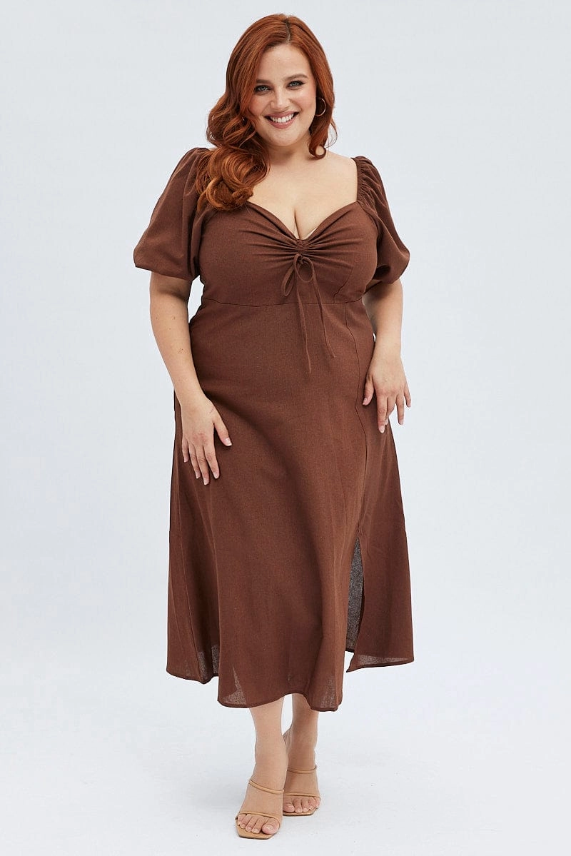 Rust Midi Dress Fitted Drawstring Front Puff Sleeve DoubleLayeredMaterial