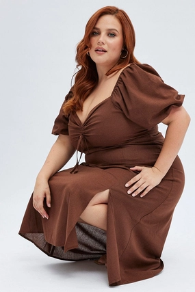 Simple Ease Rust Midi Dress Fitted Drawstring Front Puff Sleeve