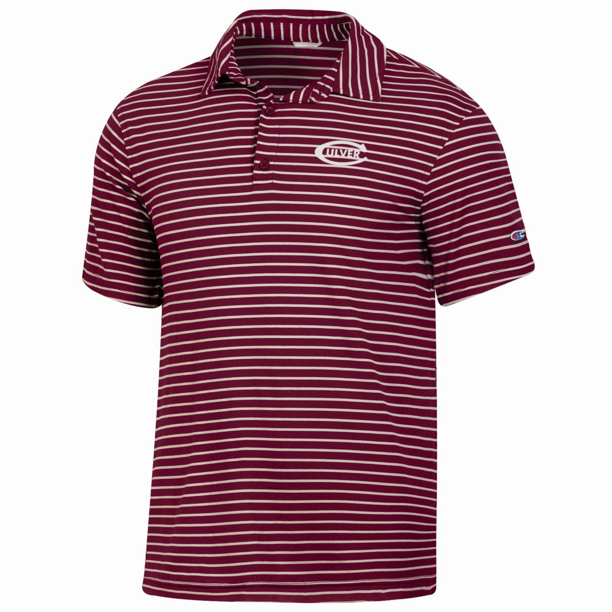 Easy Style Comfortable Design Champion Tailgate Yarn Dyed Stripe Polo- Maroon/ Artic Beige