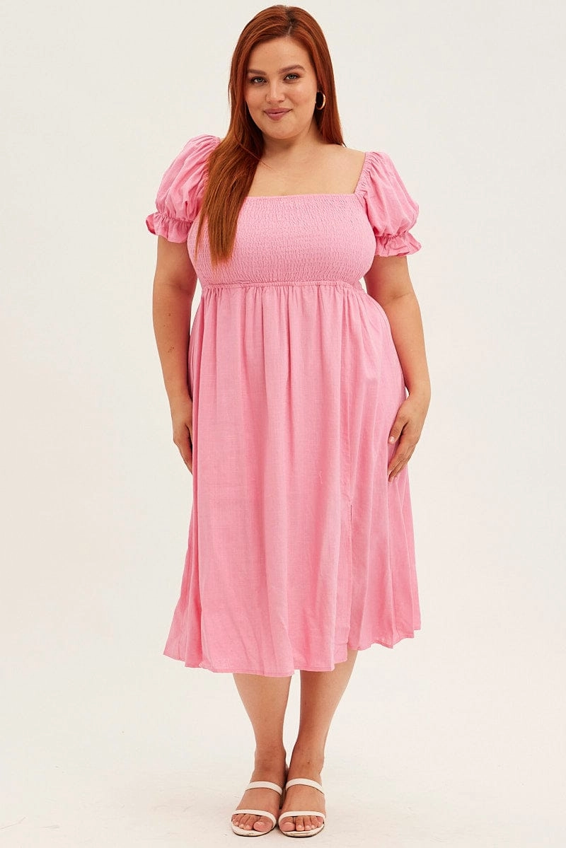 Pink Shirred Short Sleeve Linen Blend Midi Dress Delicate Edge Open-back
