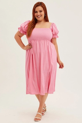 plus-size Pink Shirred Short Sleeve Linen Blend Midi Dress
