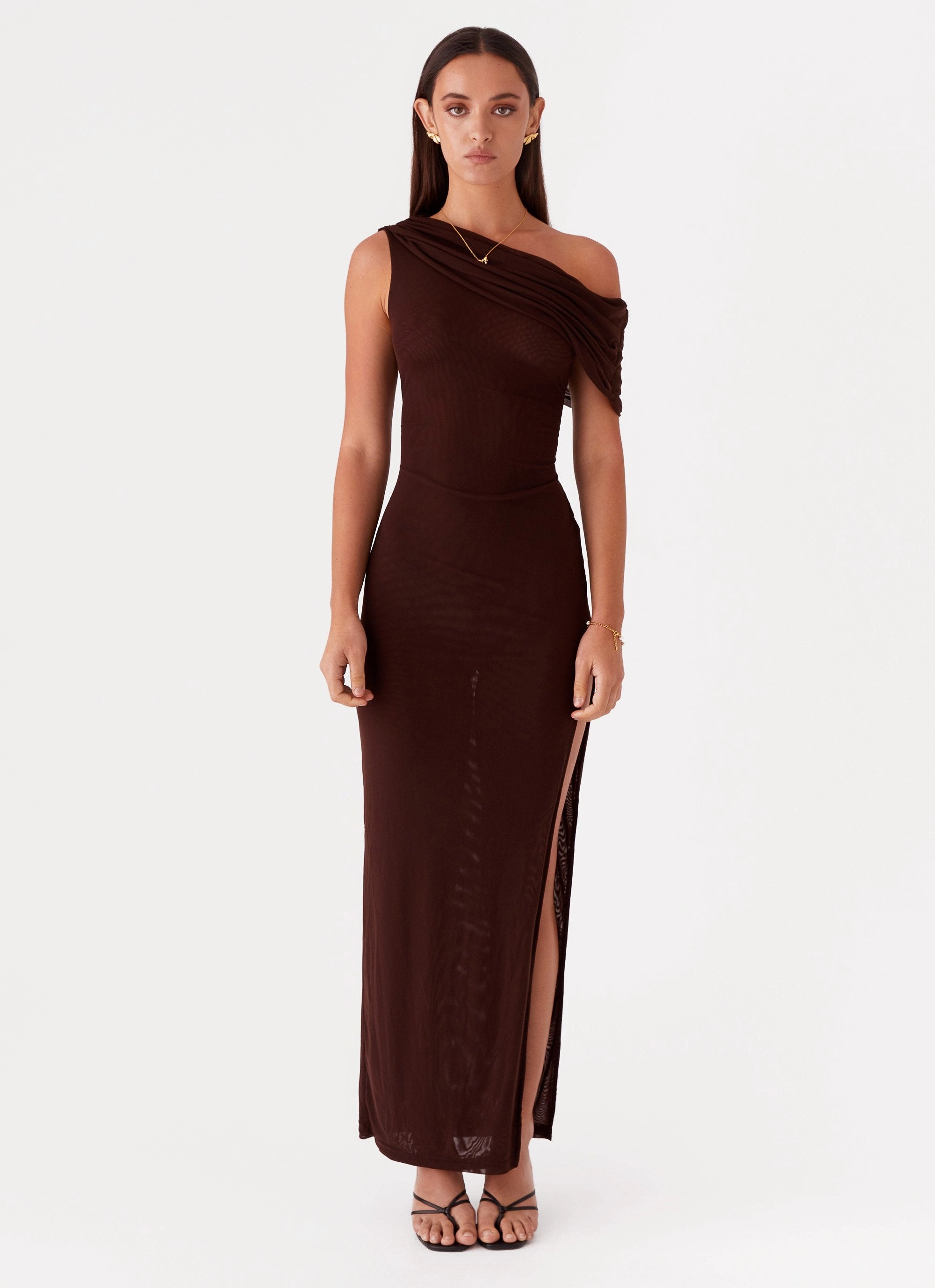Ciara One Shoulder Draped Maxi Dress - Chocolate Timeless Appeal