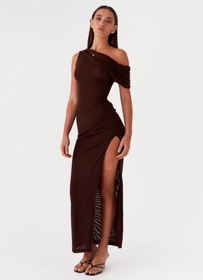 High Cut Natural Fit Ciara One Shoulder Draped Maxi Dress - Chocolate