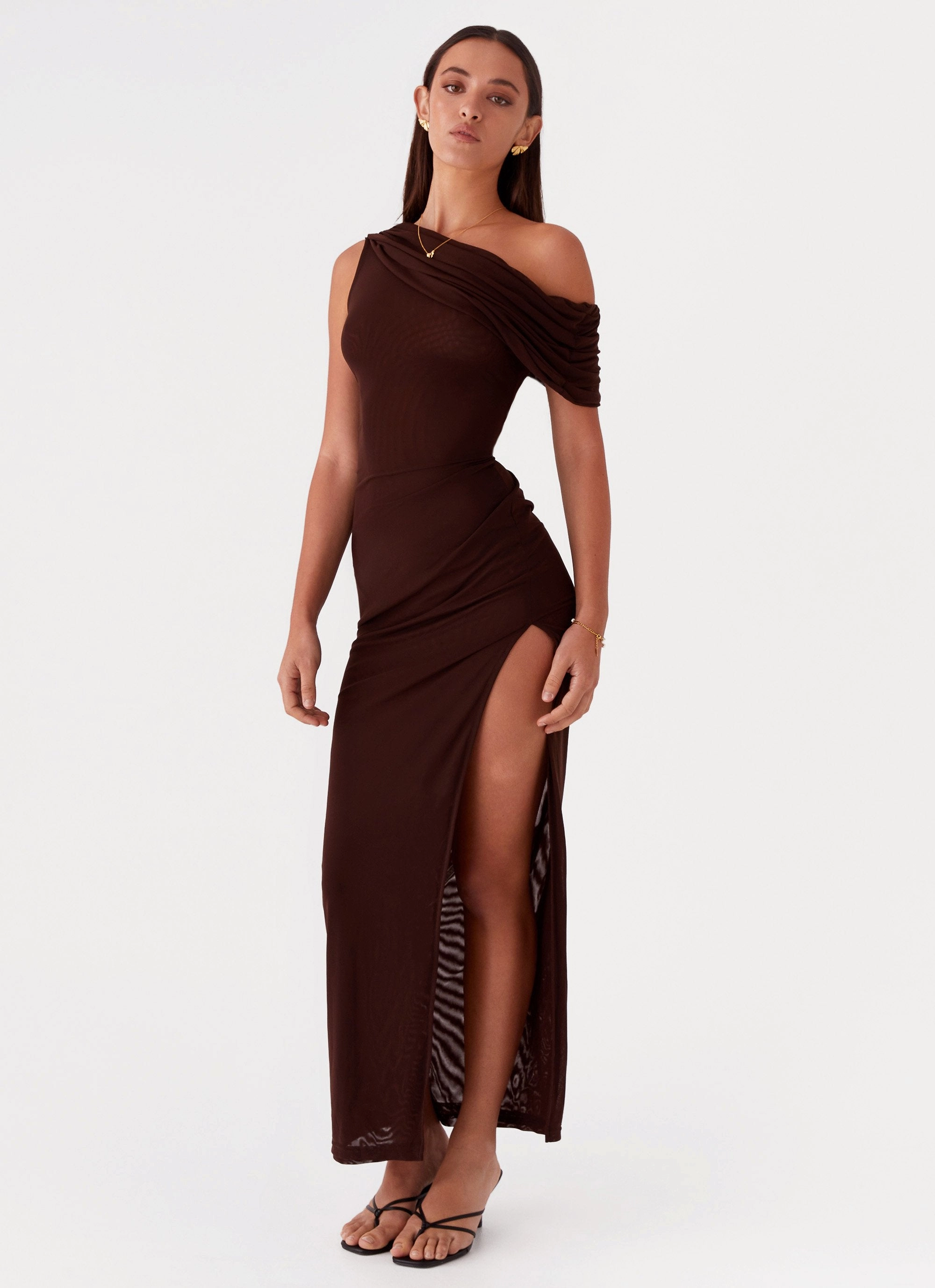 High Cut Natural Fit Ciara One Shoulder Draped Maxi Dress - Chocolate