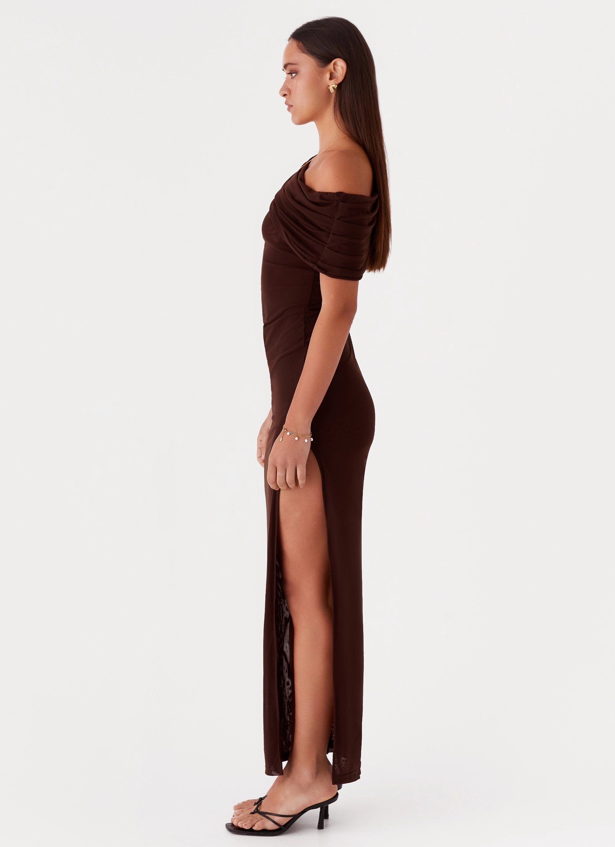 Ciara One Shoulder Draped Maxi Dress - Chocolate Timeless Layering
