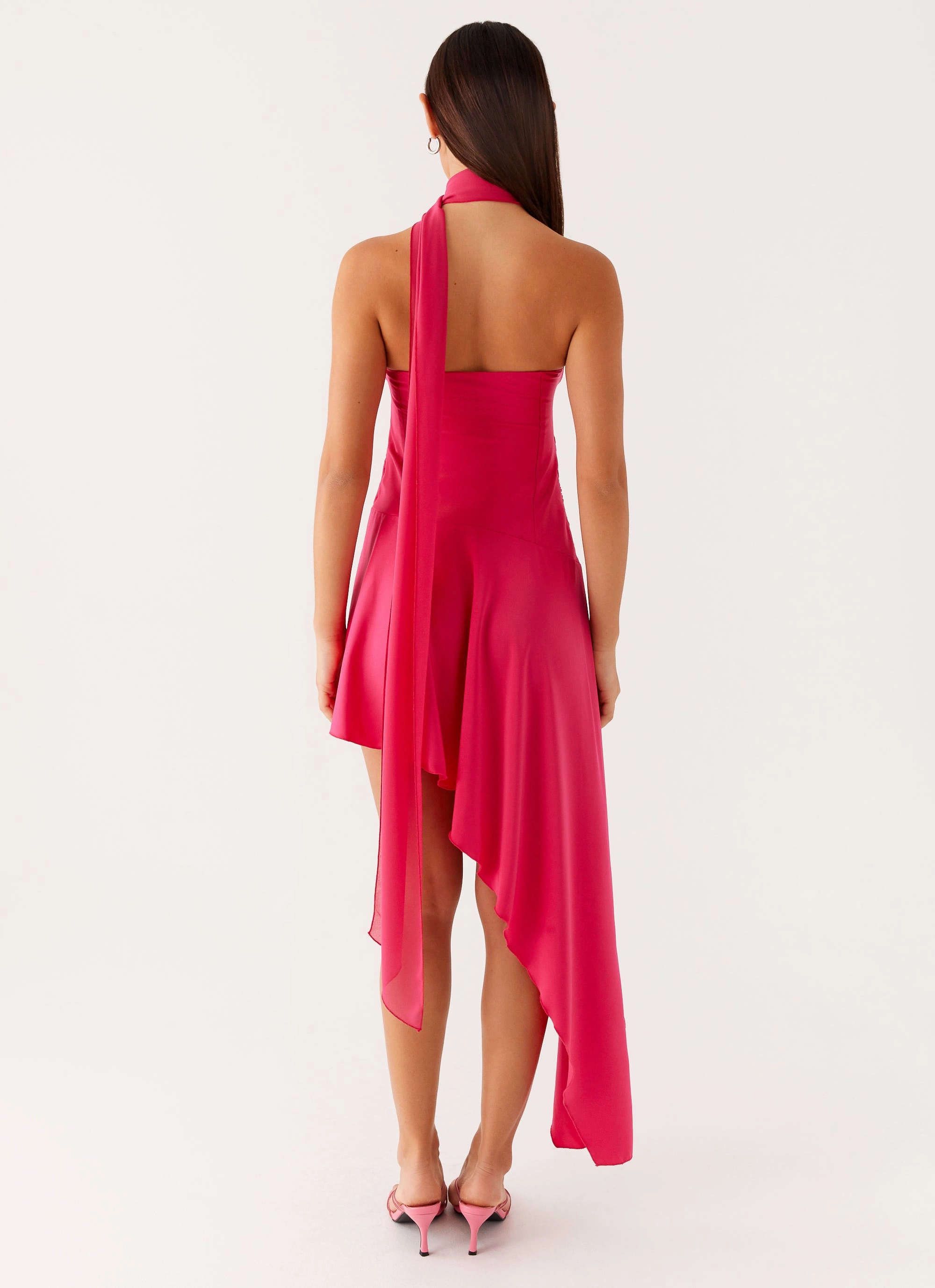 Side Pleats Circa Scarf Midi Dress - Hot Pink