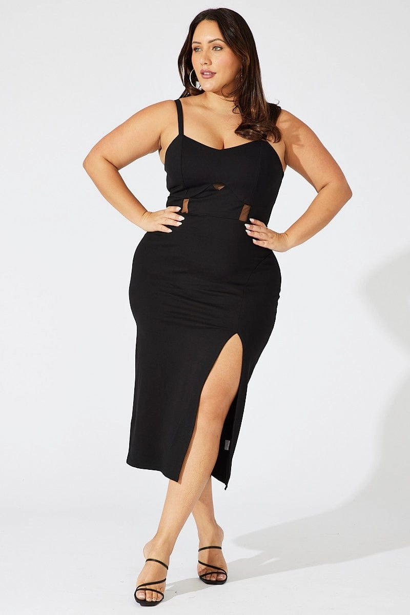 Black Ponte Midi Dress Sheer Panel Waist Stylish and Comfortable French Vibe