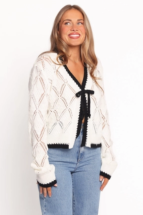 No Effort Lainy Bow Tie Font Cardigan - Cream