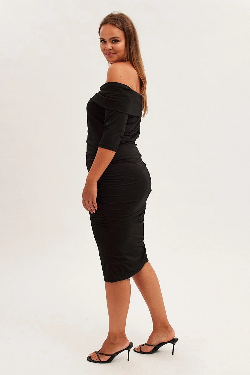 Fresh Texture Black Midi Dress Off Shoulder Bodycon Jersey