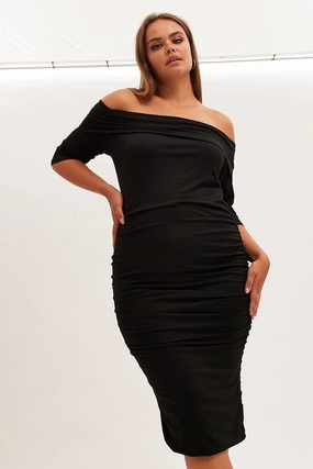 Classic Motion Maternity-Fit Black Midi Dress Off Shoulder Bodycon Jersey