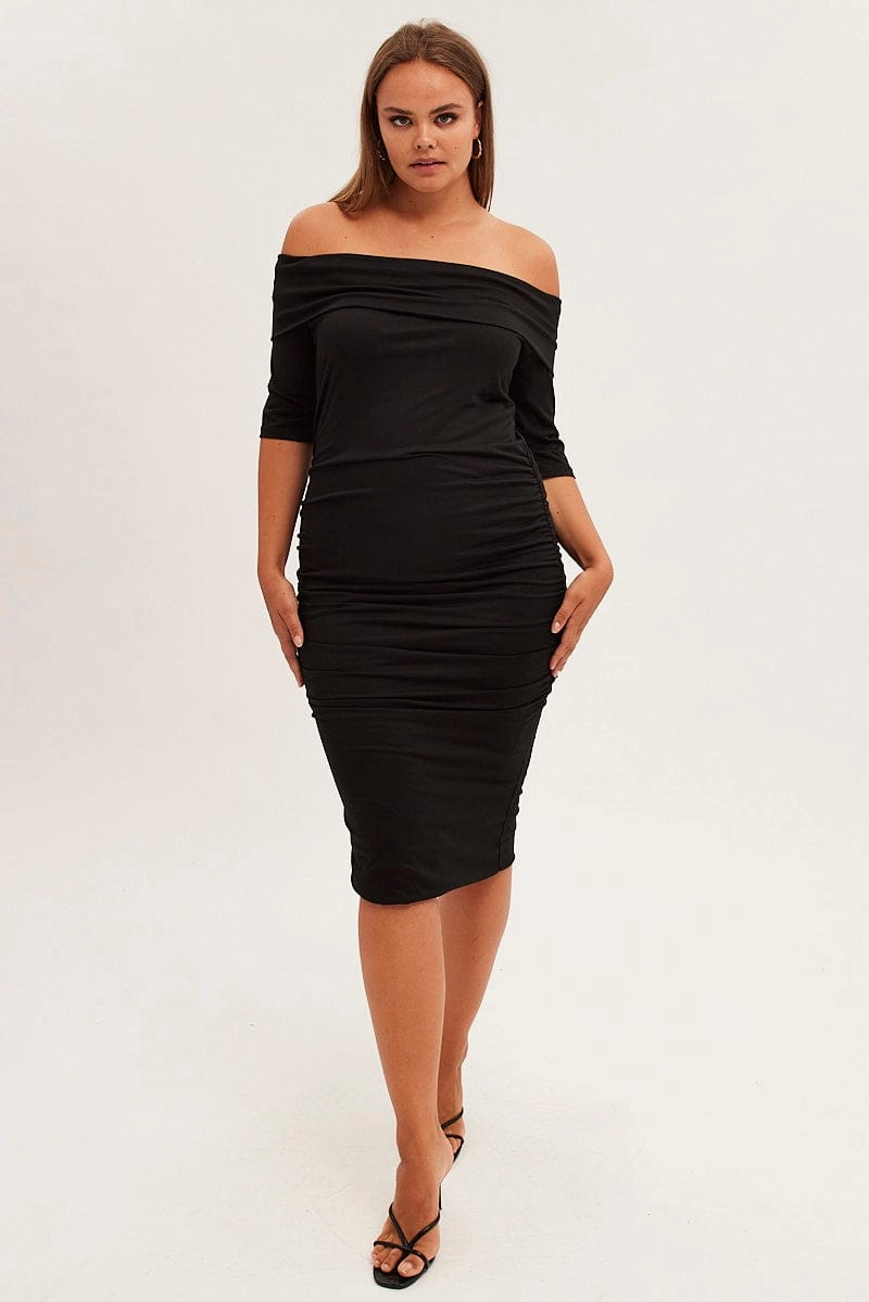 Black Midi Dress Off Shoulder Bodycon Jersey MultiPurposePockets Gathered-Detail