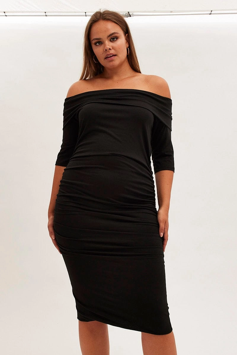 Fresh Stitch Urban Ready Black Midi Dress Off Shoulder Bodycon Jersey