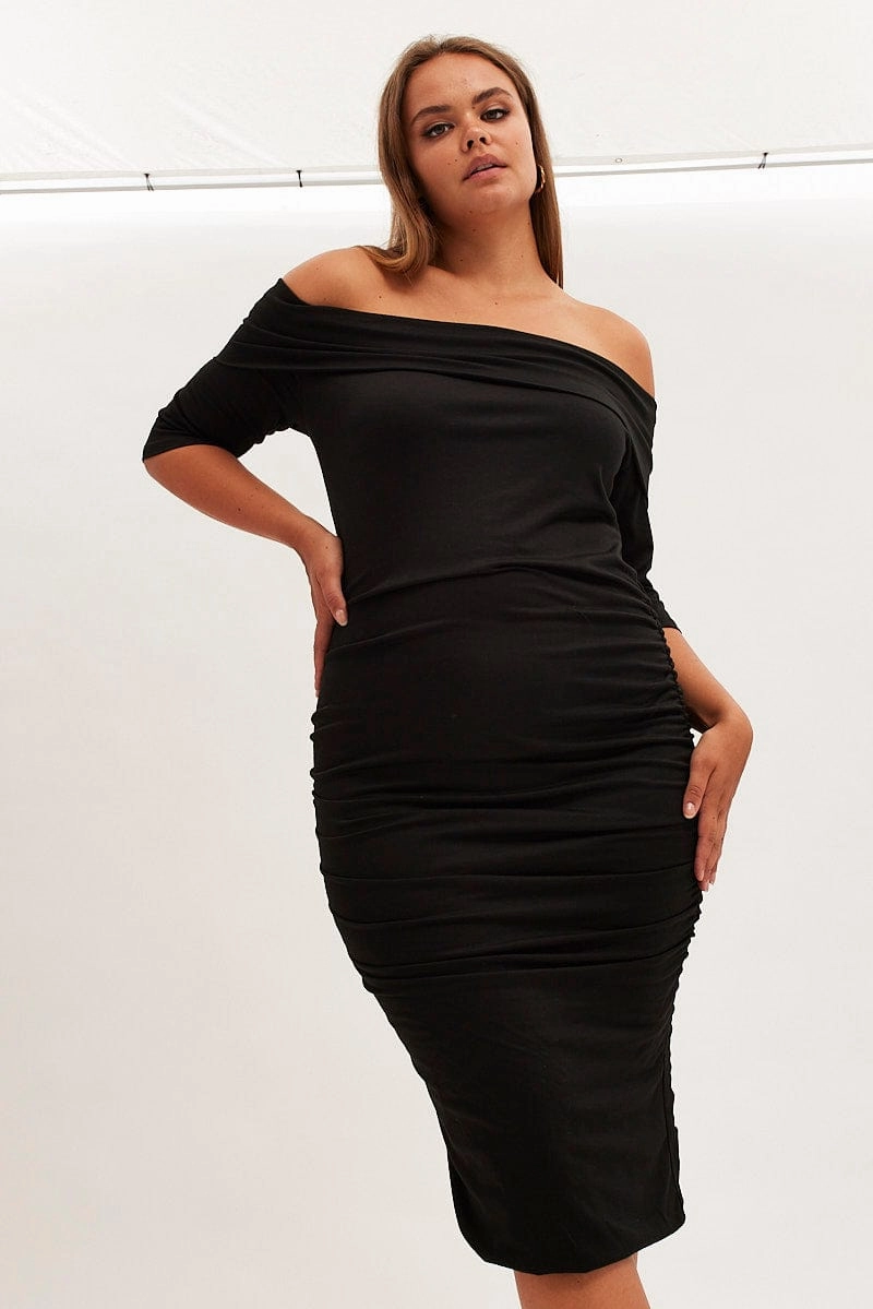 Classic Motion Maternity-Fit Black Midi Dress Off Shoulder Bodycon Jersey