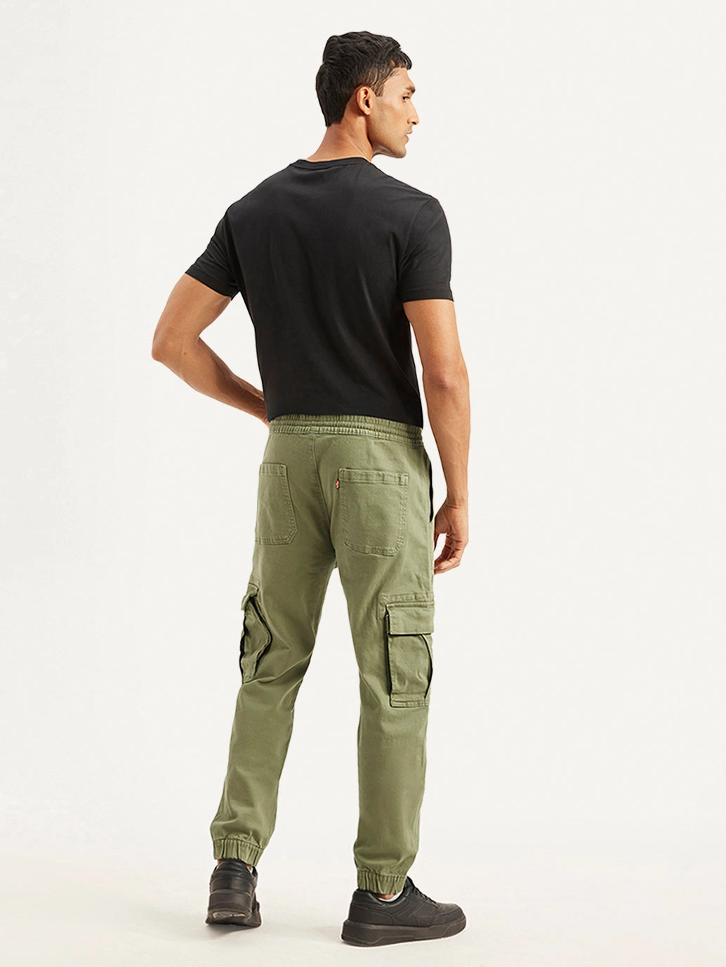 Men's Olive Loose Fit Cargo Trousers Hip Friendly Pockets elastic waistband