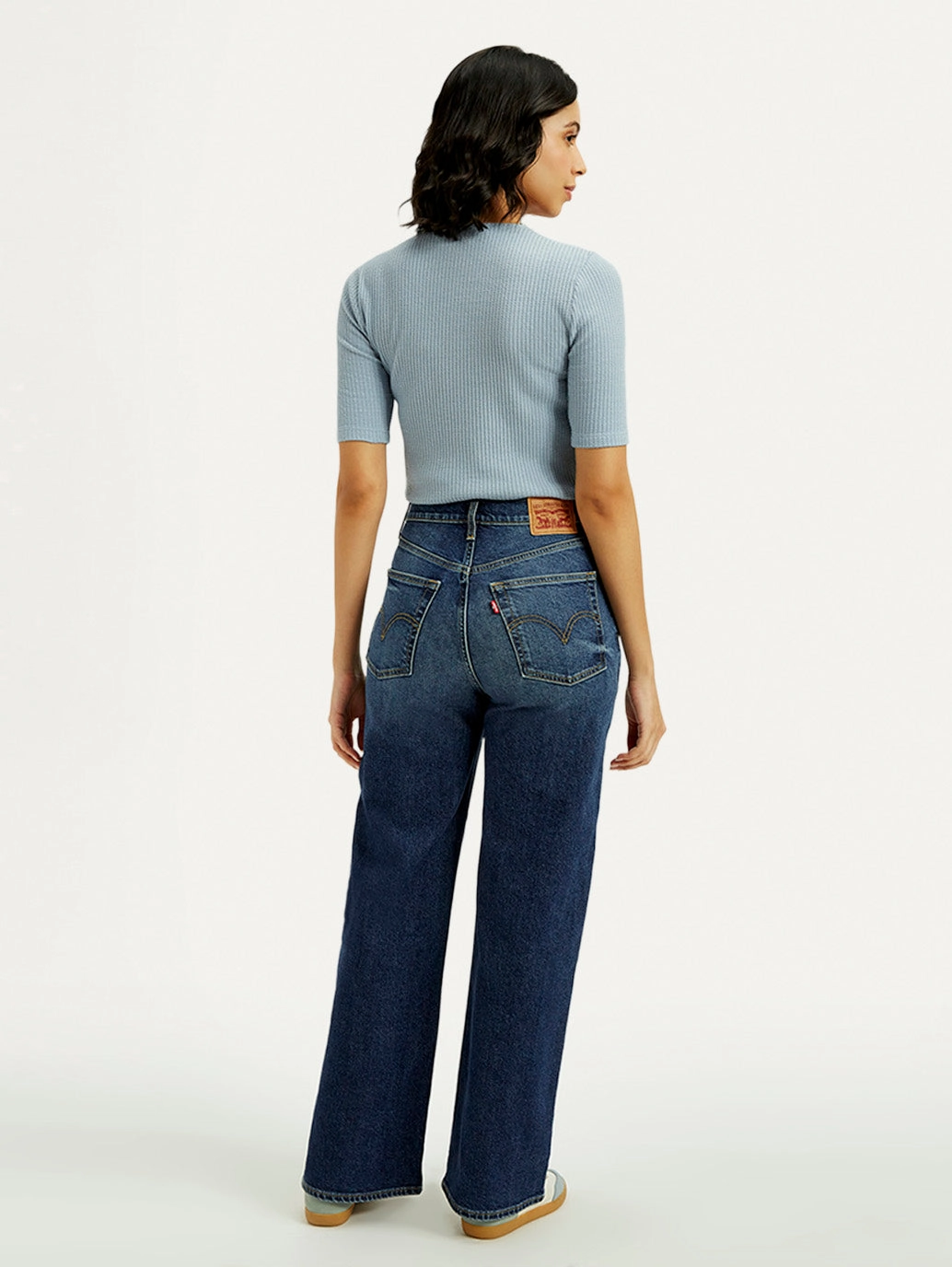 Sandblasted Details Women's Dark Indigo Ribcage Wide Leg Fit High Rise Jeans