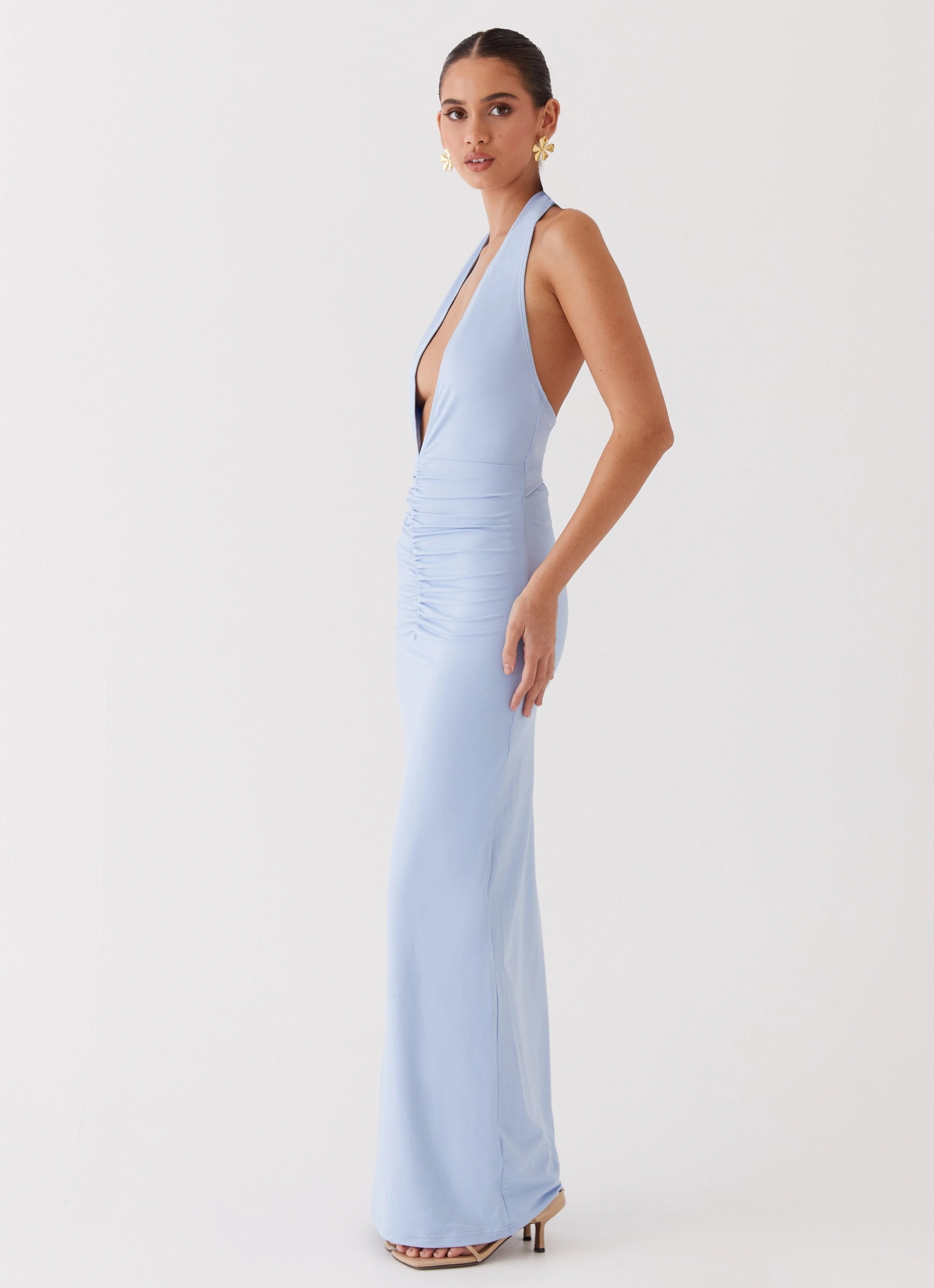 Whisked Away Halterneck Maxi Dress - Blue Sculpted Fit Daywear Comfort