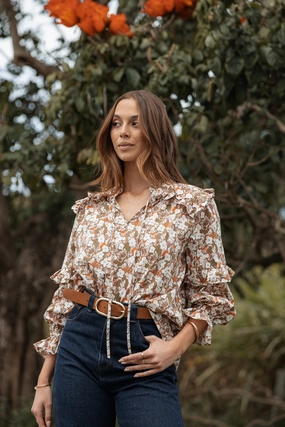 Selmah Long Sleeve Top - Cream Olive Orange wrinkle free Bold Pattern