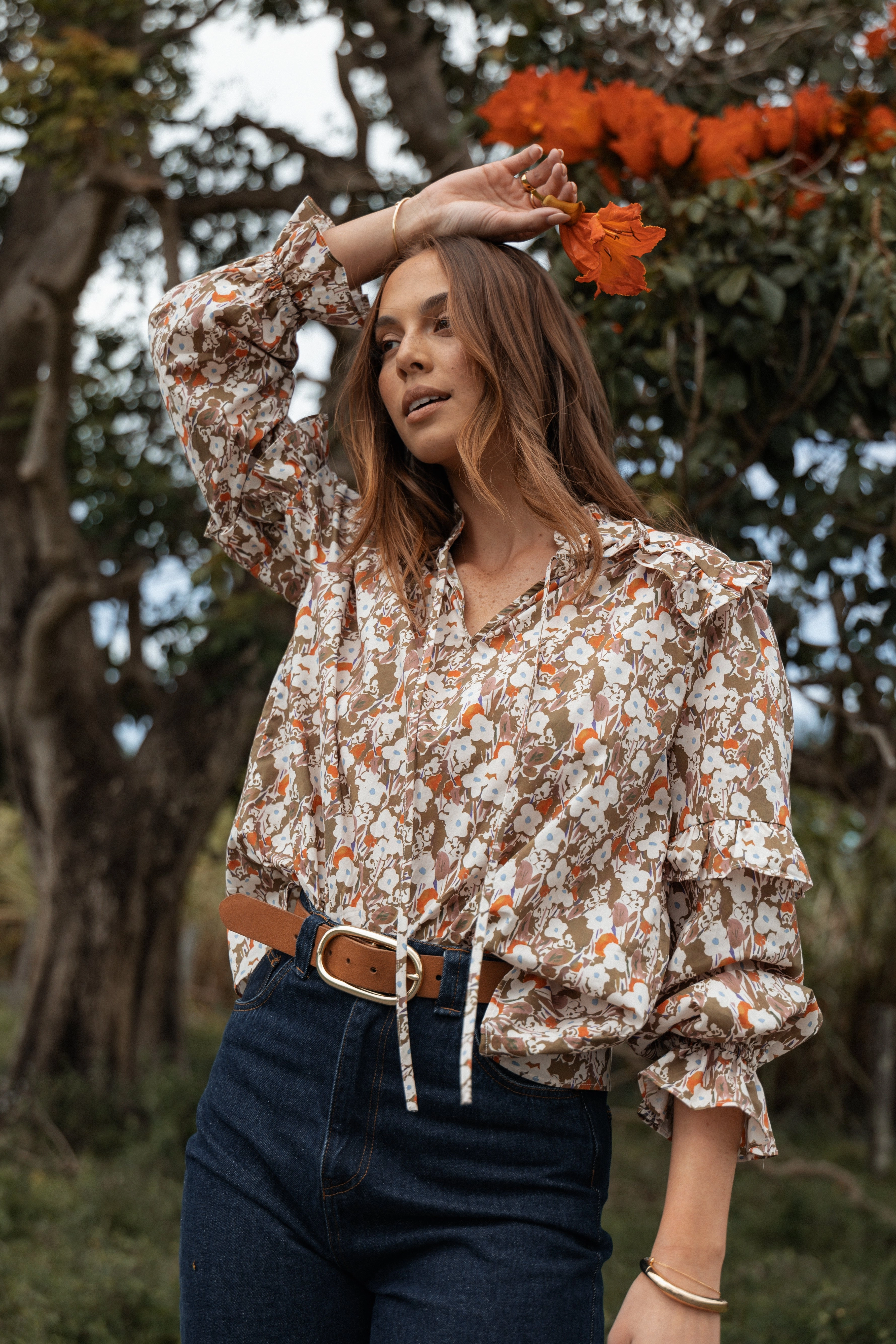 Chambray Fabric Selmah Long Sleeve Top - Cream Olive Orange