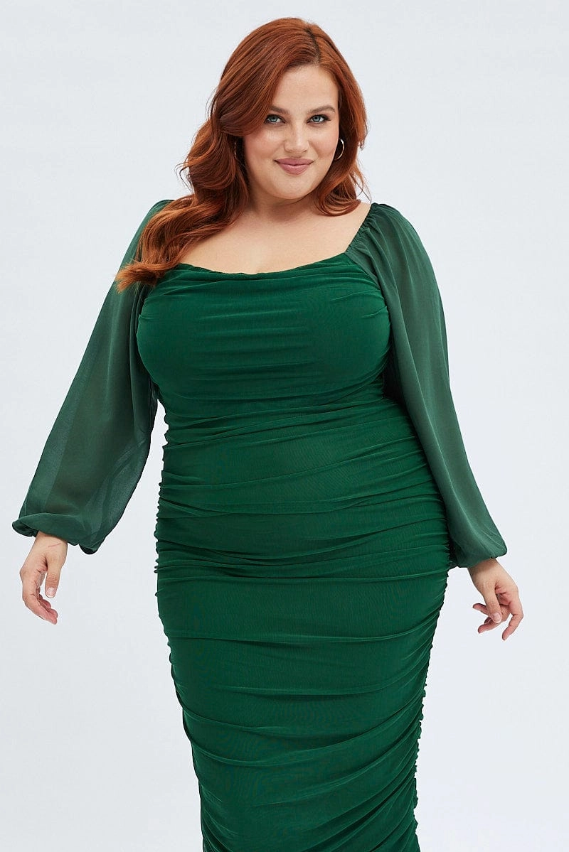 Green Bodycon Dress Mesh Balloon Sleeve Ruched Midi Seasonal Mood