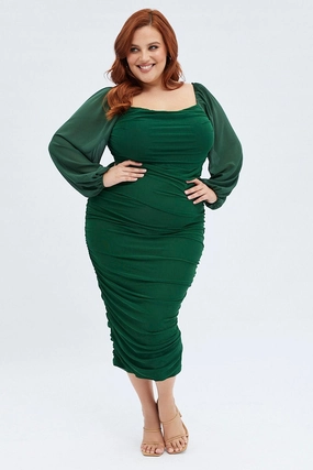 Green Bodycon Dress Mesh Balloon Sleeve Ruched Midi Romantic Soft
