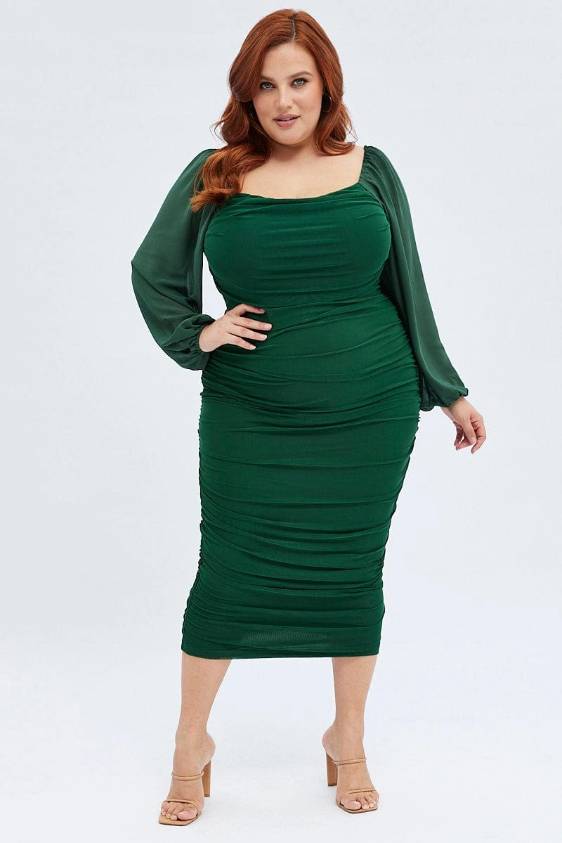 Green Bodycon Dress Mesh Balloon Sleeve Ruched Midi Smooth Layers