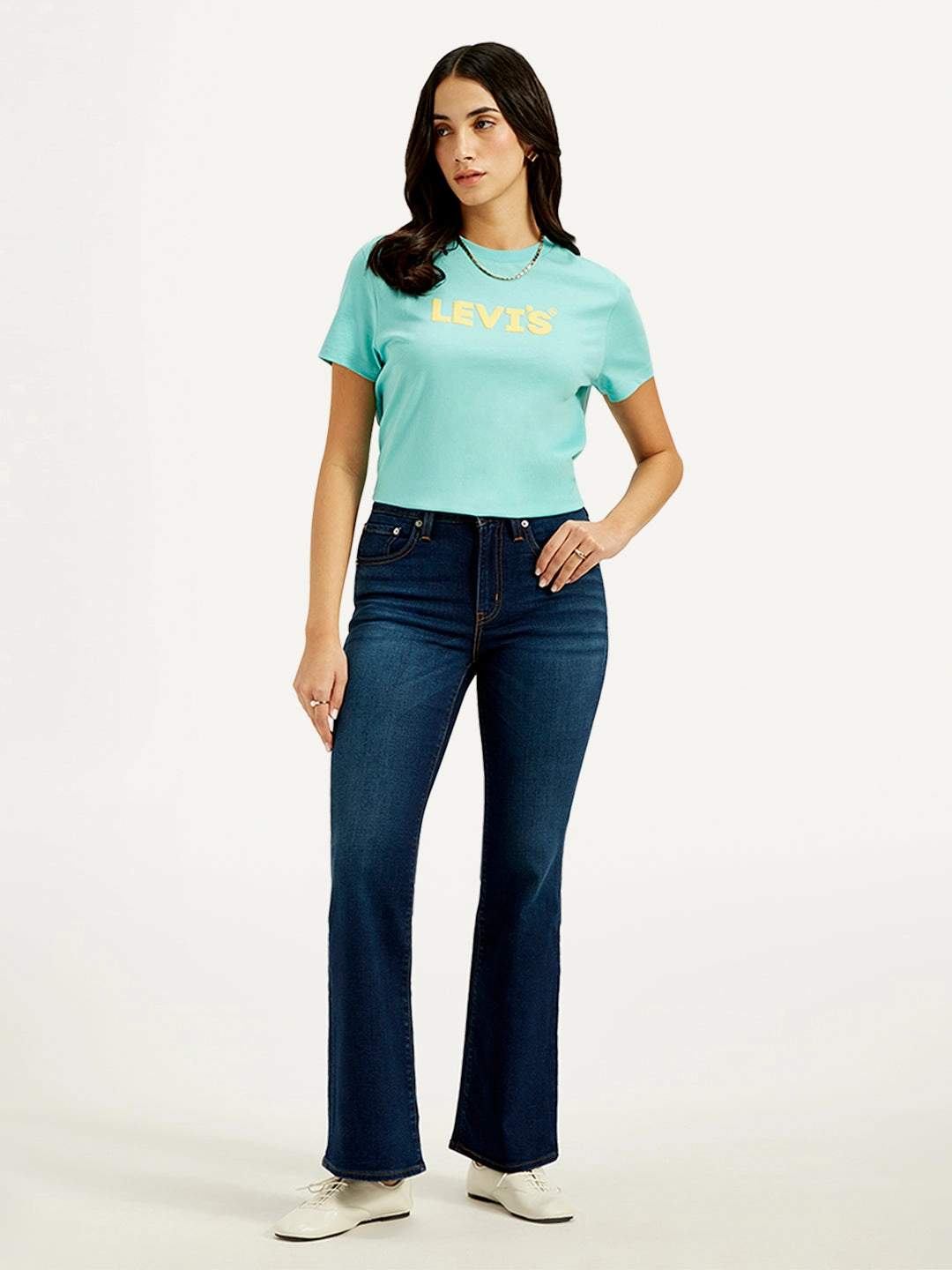 Women's 726 Navy Blue Flared Fit High Rise Jeans Fashionable Fit Simple Utility