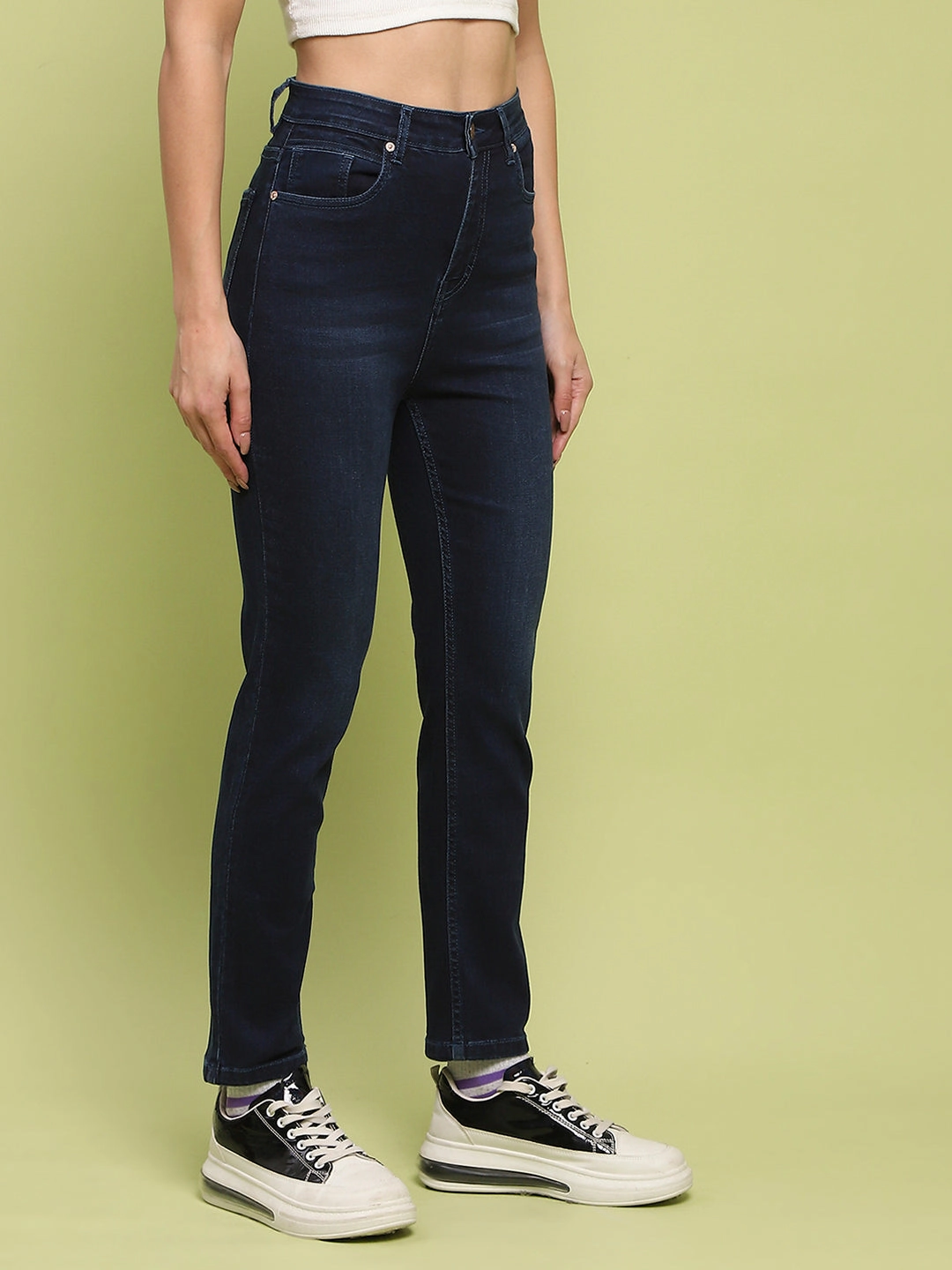Office Wear Modern Rainy Day Low Profile Zipper Madame Whiskered Dark Blue Cotton Denim Jeans