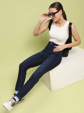 Madame Whiskered Dark Blue Cotton Denim Jeans Riveted Stress Points Weekend Style Stretch Bold Look