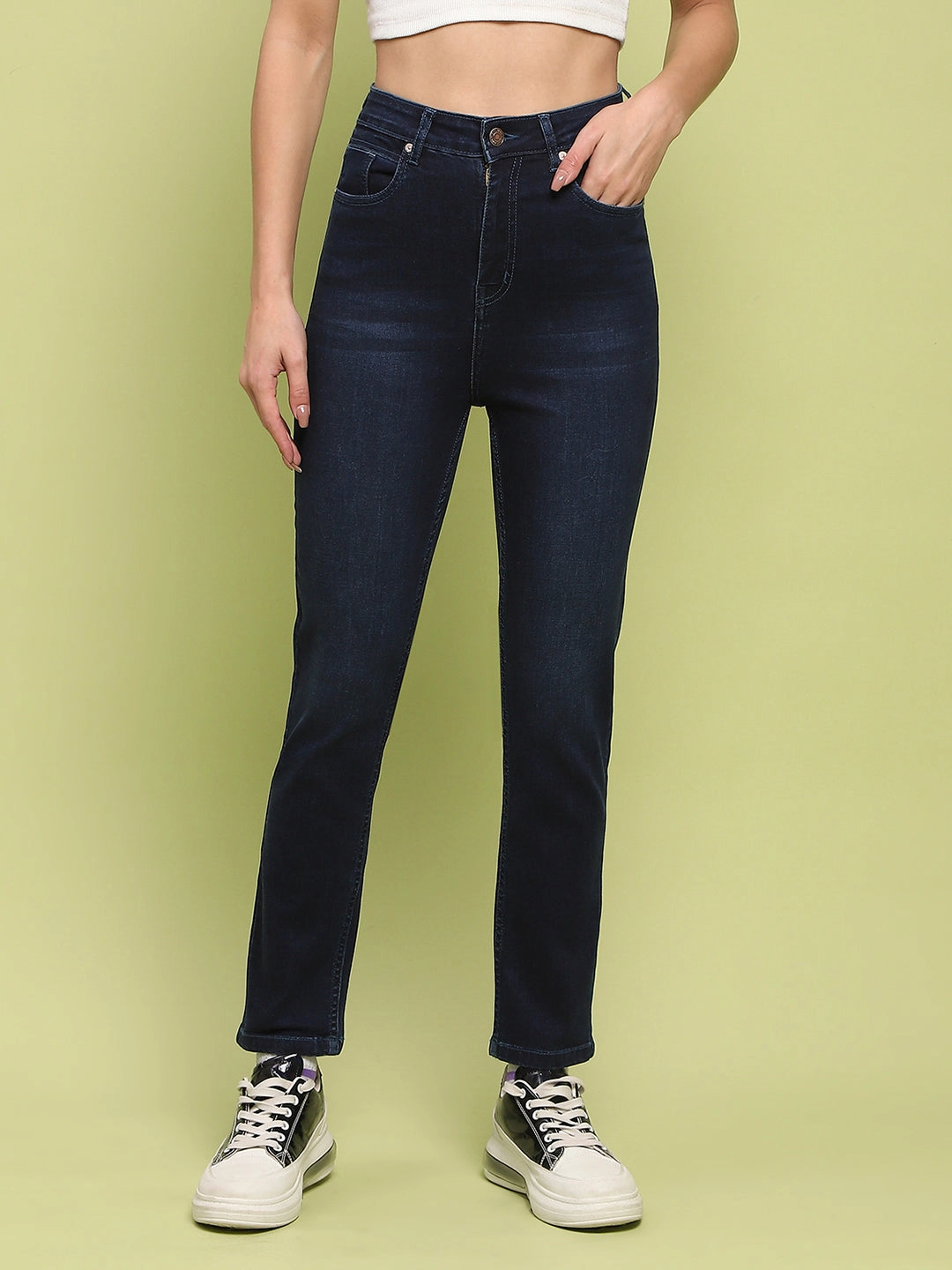 Functional Casual Madame Whiskered Dark Blue Cotton Denim Jeans