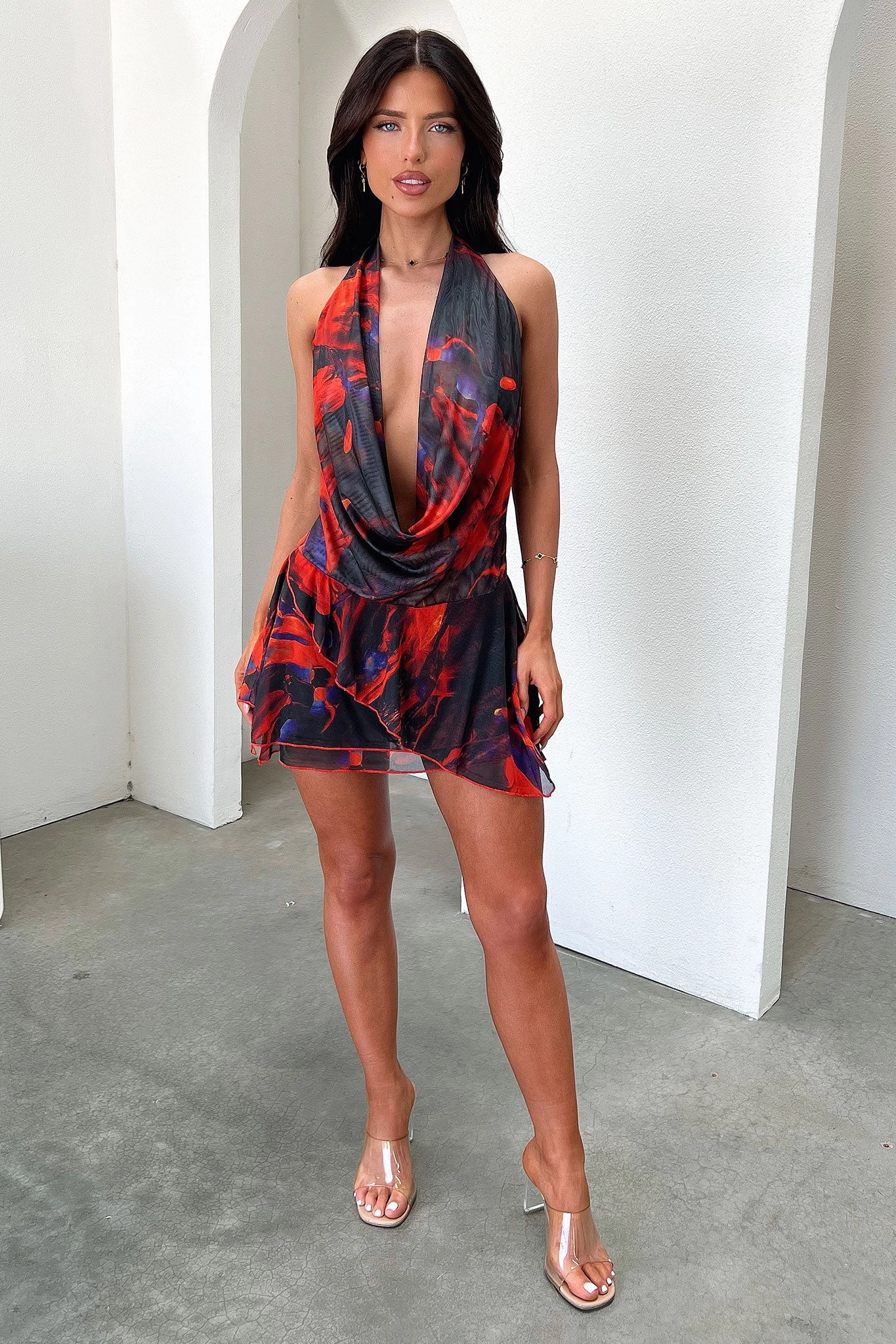 Cleo Plunge Cowl Neck Mini Dress - Black/Red Outdoor Recreation