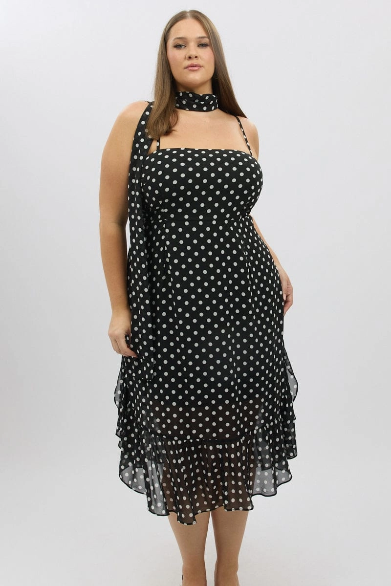 Comfort Mode Vibrant Design Black Polka Dot Midi Dress Sleeveless Ruffle with Scarf
