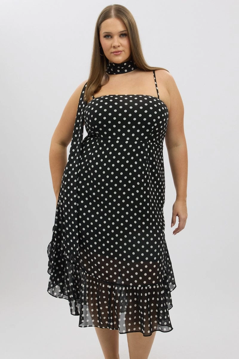 Empire-Waist Relaxed Design Black Polka Dot Midi Dress Sleeveless Ruffle with Scarf