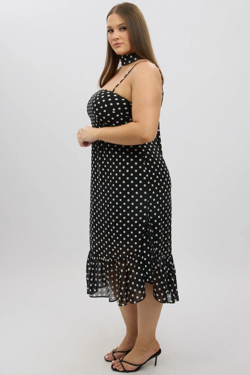 Black Polka Dot Midi Dress Sleeveless Ruffle with Scarf Chilly Weather Comfort