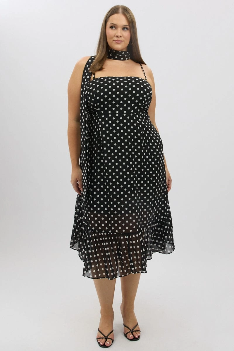Mood Look Black Polka Dot Midi Dress Sleeveless Ruffle with Scarf