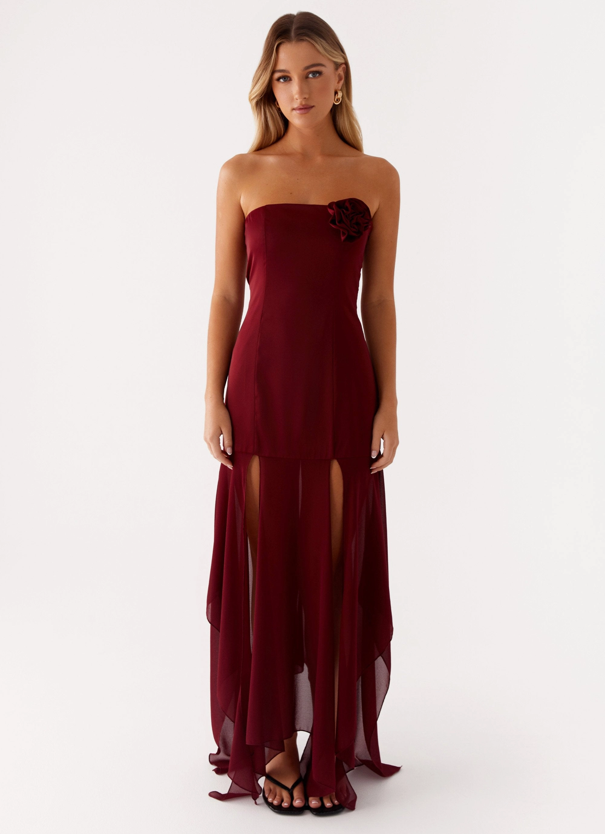 Linen Chic New York Collision Satin Maxi Dress - Cherry Red