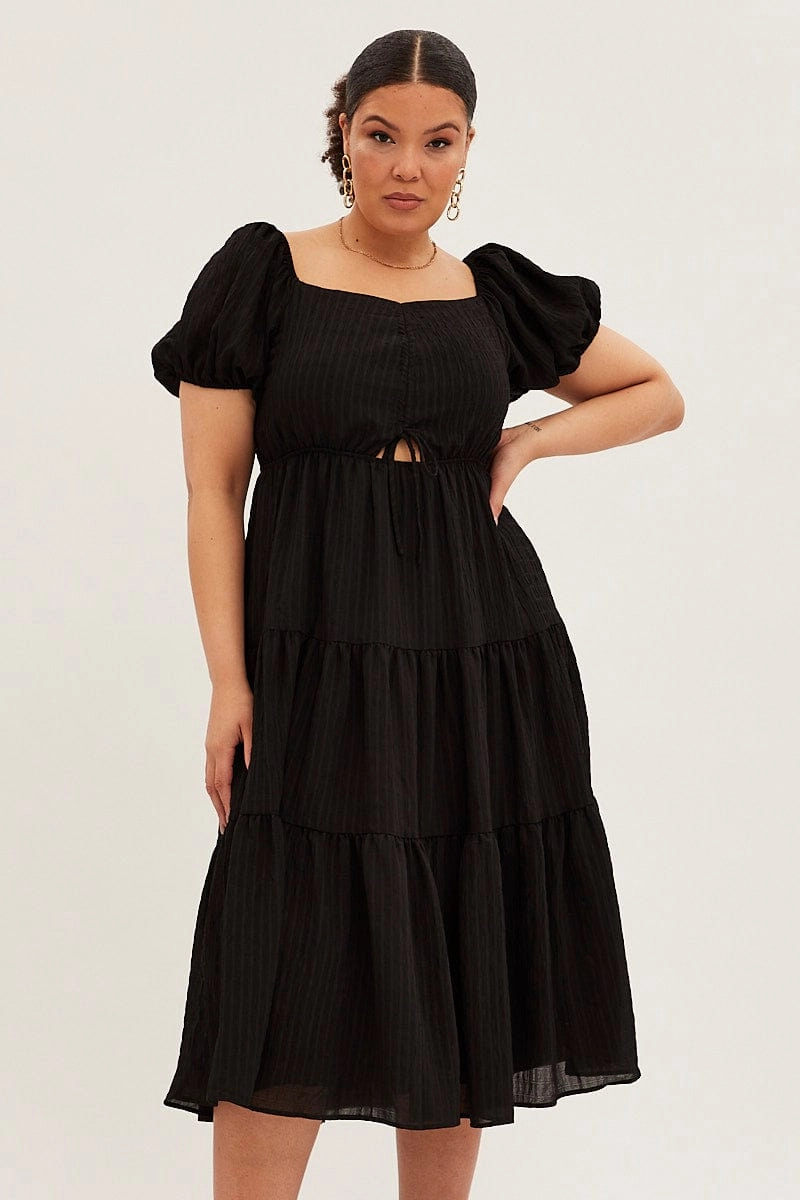 Black Midi Dress Short Sleeve Cut Out Textured Classic A-line design