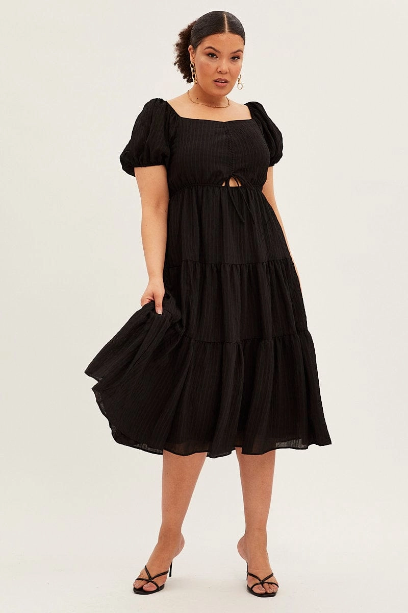 Black Midi Dress Short Sleeve Cut Out Textured Quiet Glow Fitted Neat