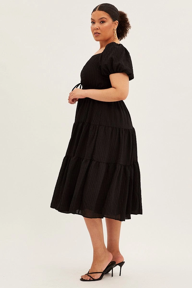 Black Midi Dress Short Sleeve Cut Out Textured Fitted Neat