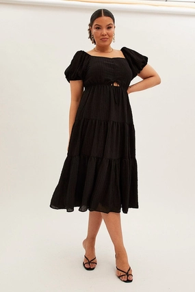 Raw-Hem Black Midi Dress Short Sleeve Cut Out Textured