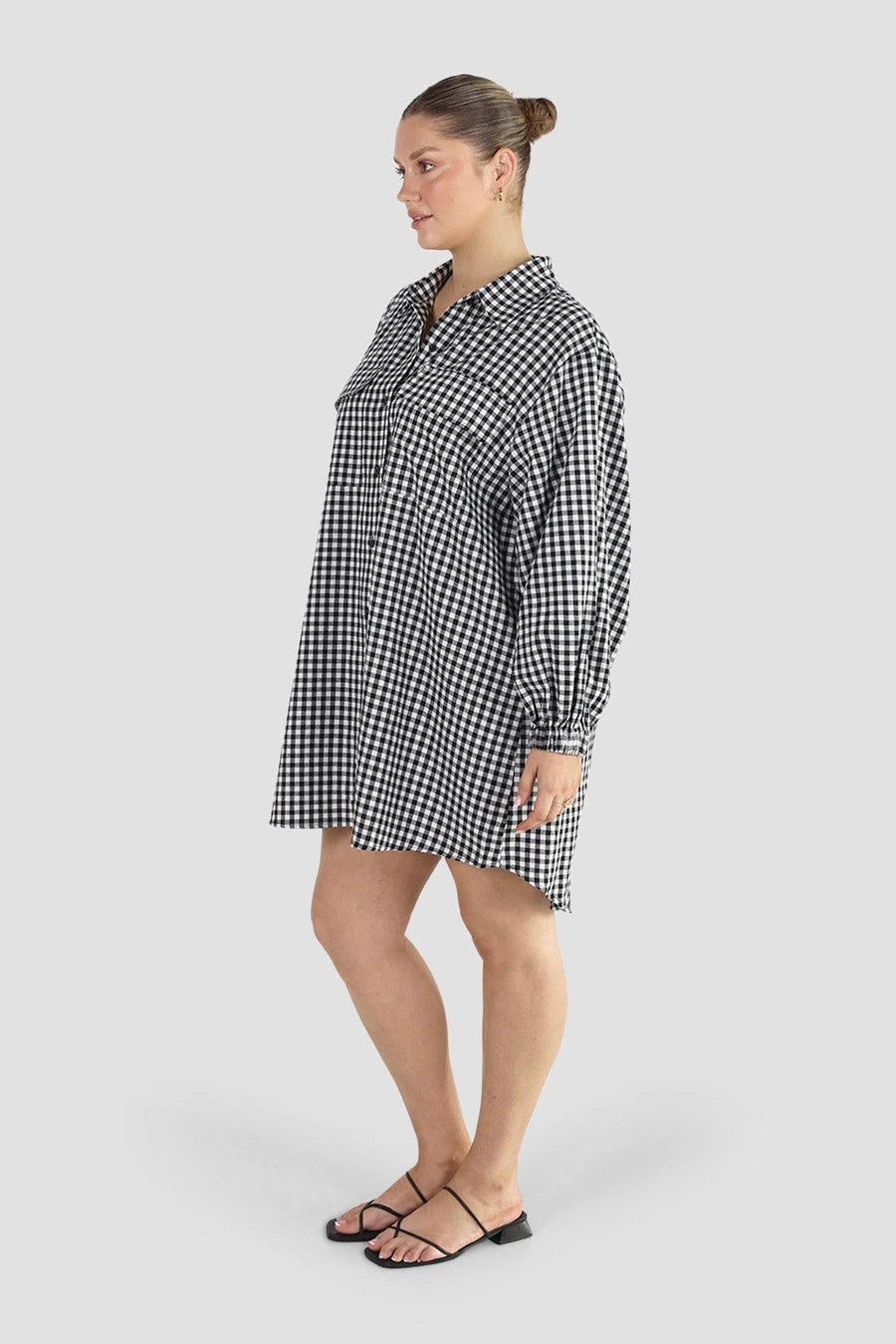 RORAN BUTTON DRESS B&W GINGHAM Gift-Worthy Relaxed Style Wear