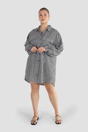 Easy Going Perfect Wear RORAN BUTTON DRESS B&W GINGHAM