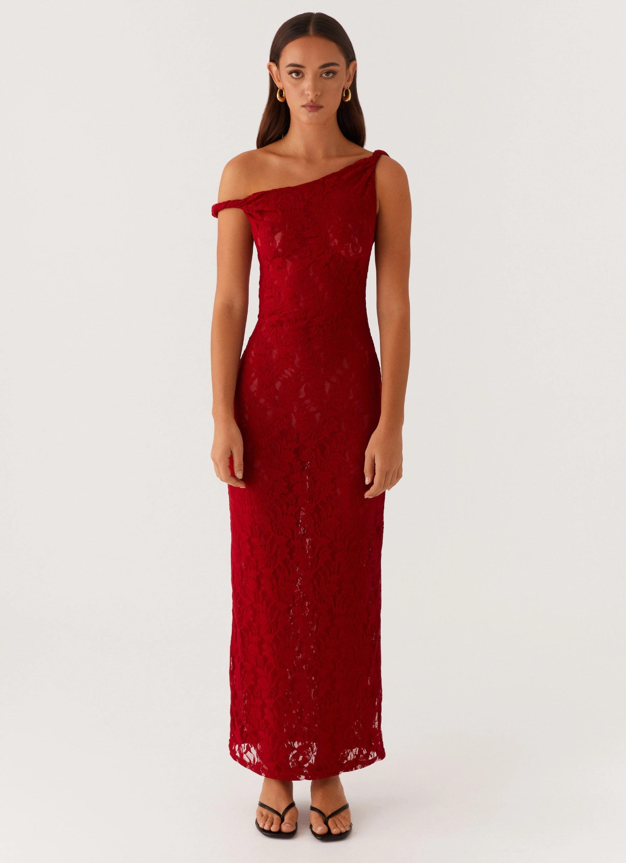 Arabella Twist Shoulder Maxi Dress - Maroon Light Bow