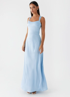 Odette Satin Maxi Dress - Blue Silky Touch Classic Waistband