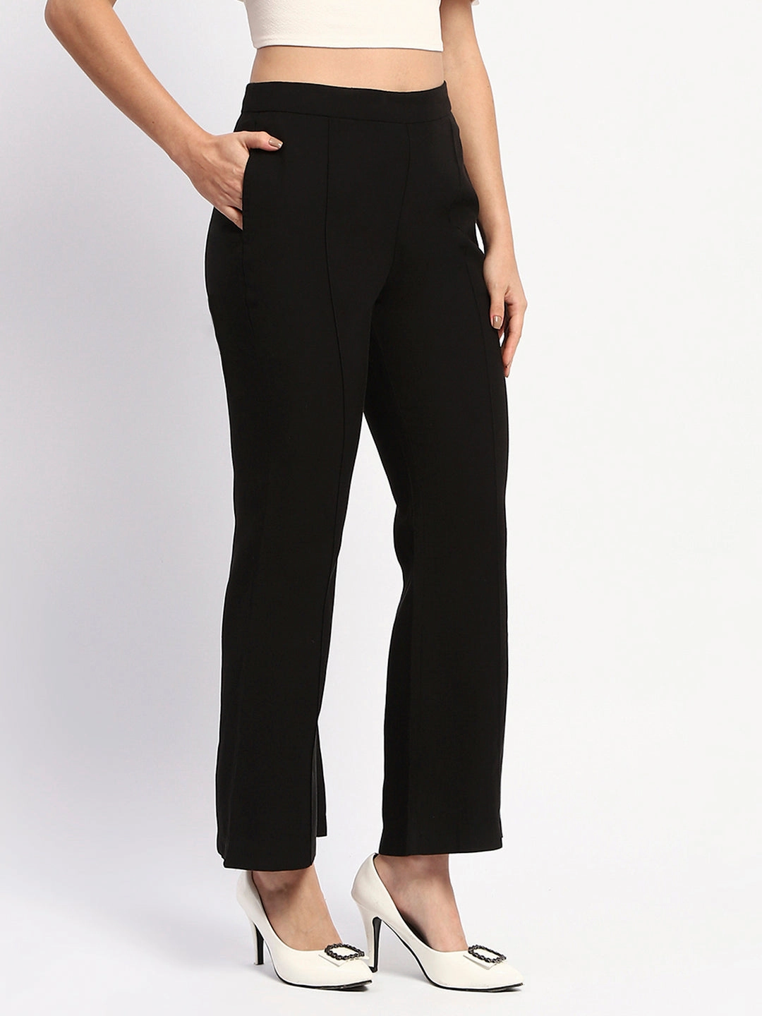 Easy Stretch HiddenPockets Madame Pleated Solid Black Flared Trousers