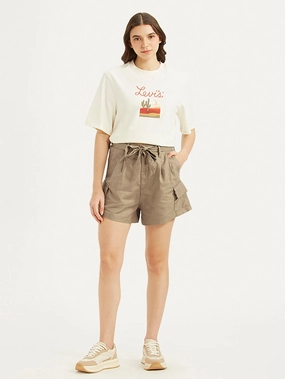 Women's High Rise Khaki Relaxed Fit Shorts Roll Up Cuff Design
