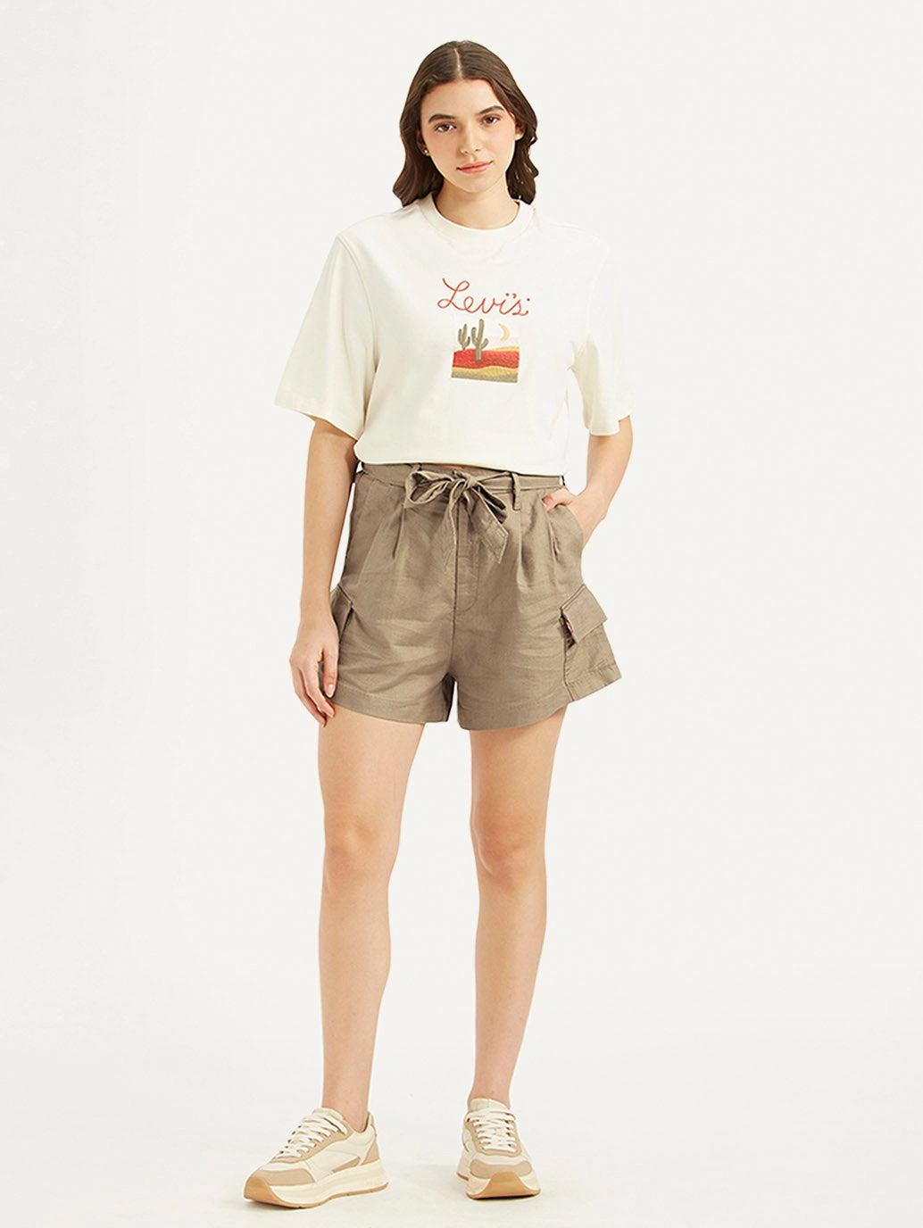 Women's High Rise Khaki Relaxed Fit Shorts Roll Up Cuff Design