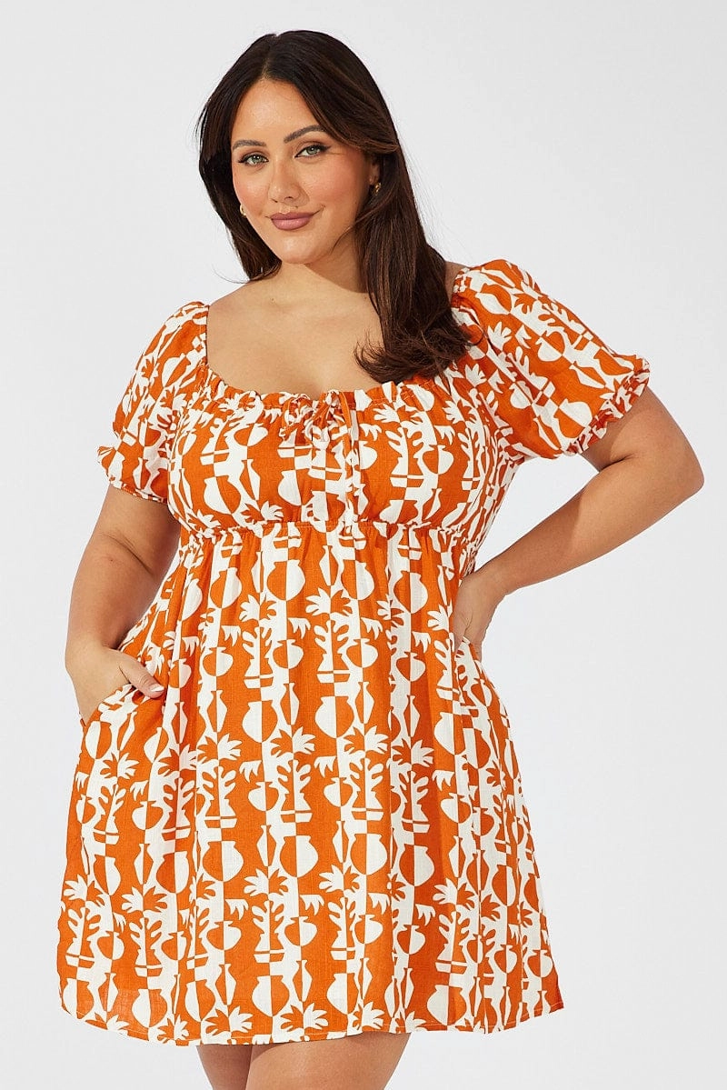 Brown Abstract Mini Dress Puff Sleeve Linen Blend Polished Edge